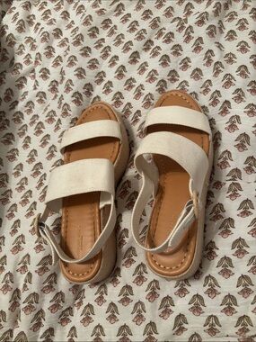 American Eagle Outfitters Cream Canvas Double-Strap Wedge Sandals